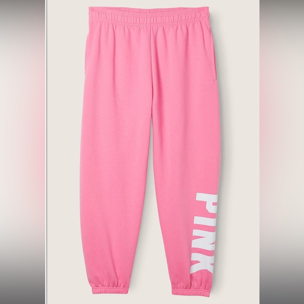 💕NWT VS PINK WHITE CAMPUS BLING TEE AND FLEECE BAGGY JOGGERS / 2 PIECE SET PINK - Picture 13 of 15